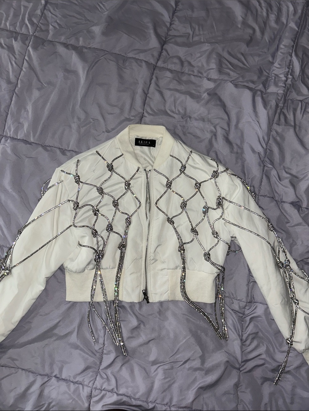 AKIRA White Beaded Cropped Bomber Jacket